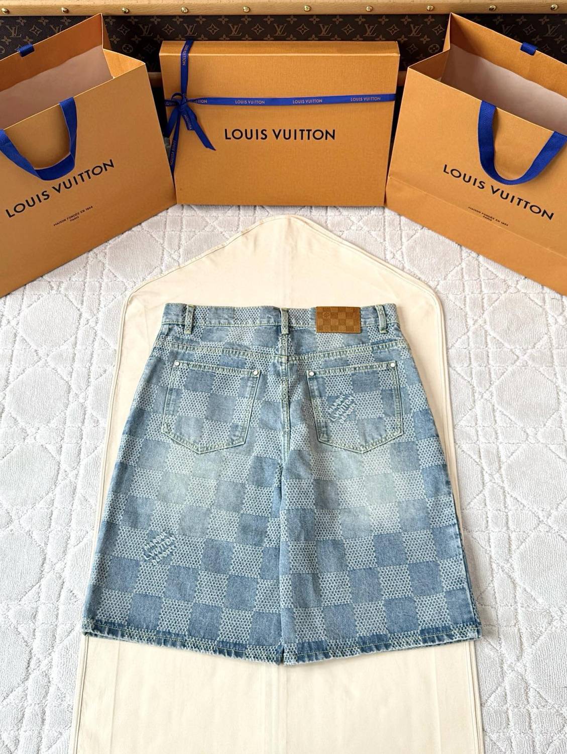 Louis Vuitton Men's Summer Solid Colour Checkerboard 3D Print Casual Denim Shorts #76864