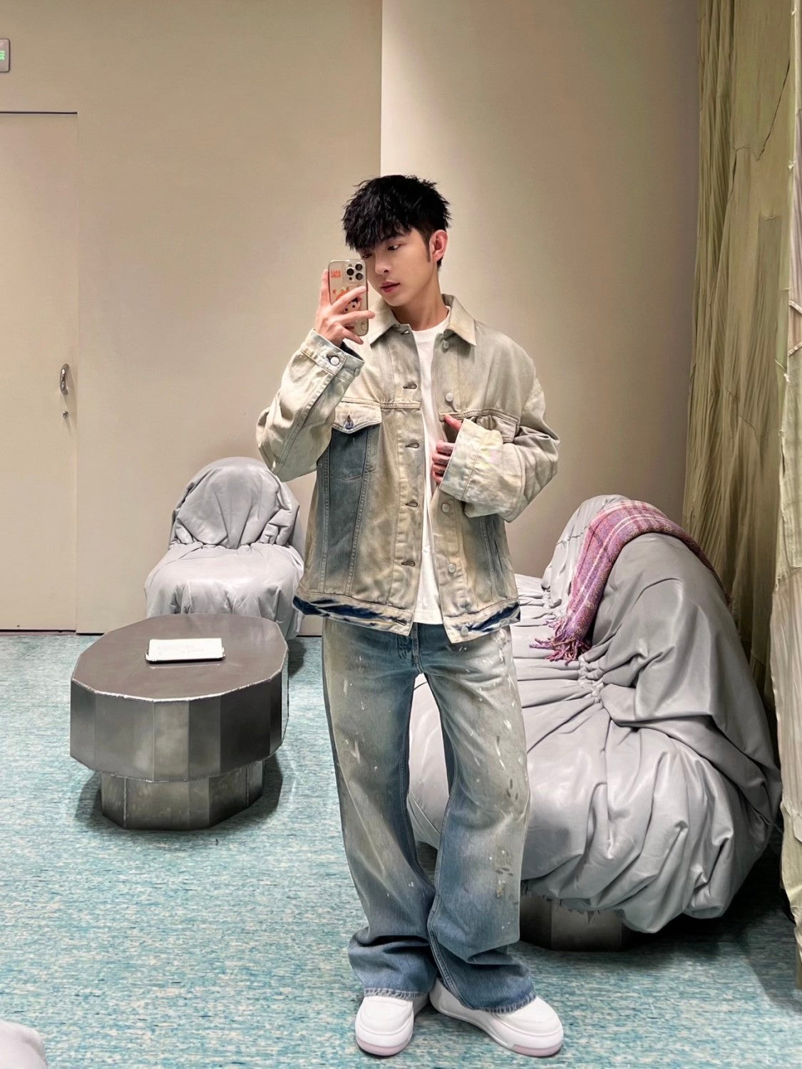 Acne Studios Men's Women's Fall And Winter Light Blue Dirty Vintage Washed Denim Jacket Fashion Casual Straight Jeans Pants Suit Set Ngvp #2652