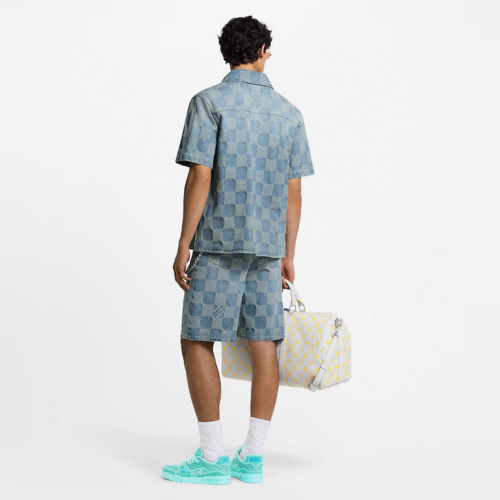 Louis Vuitton Men's Summer Blue Logo Printed Lapel Single Breasted Denim Short Sleeve Shirt Straight Jeans Shorts Set Suit #76984