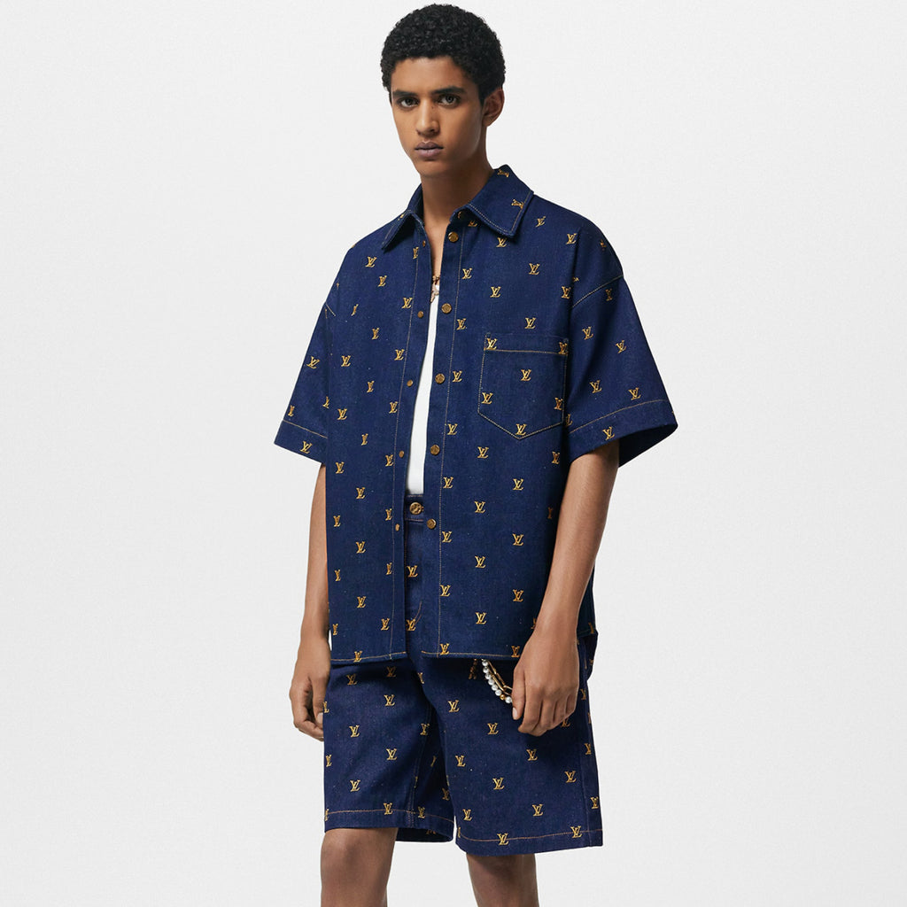 Louis Vuitton Men's Summer Logo Embroidery Blue Single Breasted Lapel Denim Short Sleeve Shirt Shorts Set Suit #98741