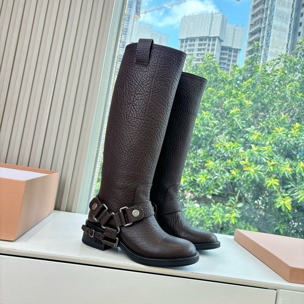 MiuMiu Women's Fall/Winter Classic Solid-Color Leather Biker-Style Long Boots Retro Rider Long Boots Shoes #78721