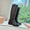 MiuMiu Women's Fall/Winter Classic Solid-Color Leather Biker-Style Long Boots Retro Rider Long Boots Shoes #78721