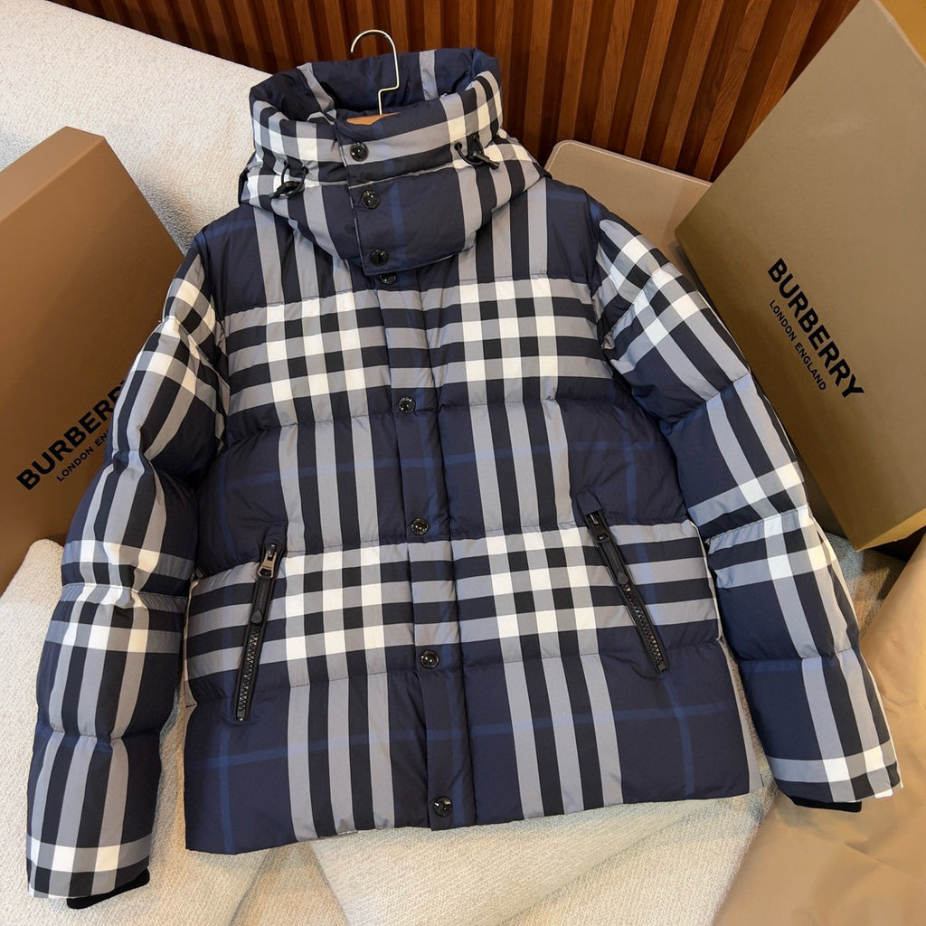 Burberry Men's Winter Fashion Casual High Tie Hood Windproof Single Breasted Detachable Hood Night Color Plaid Down Jacket #79373