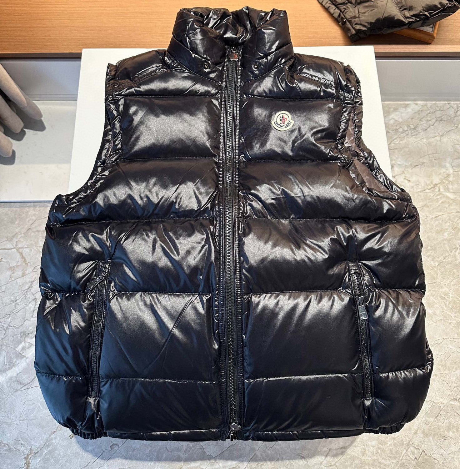 Moncler Men's Winter Black Solid Colour Logo Label Zip Hooded Down Short Waistcoat Vest #97646