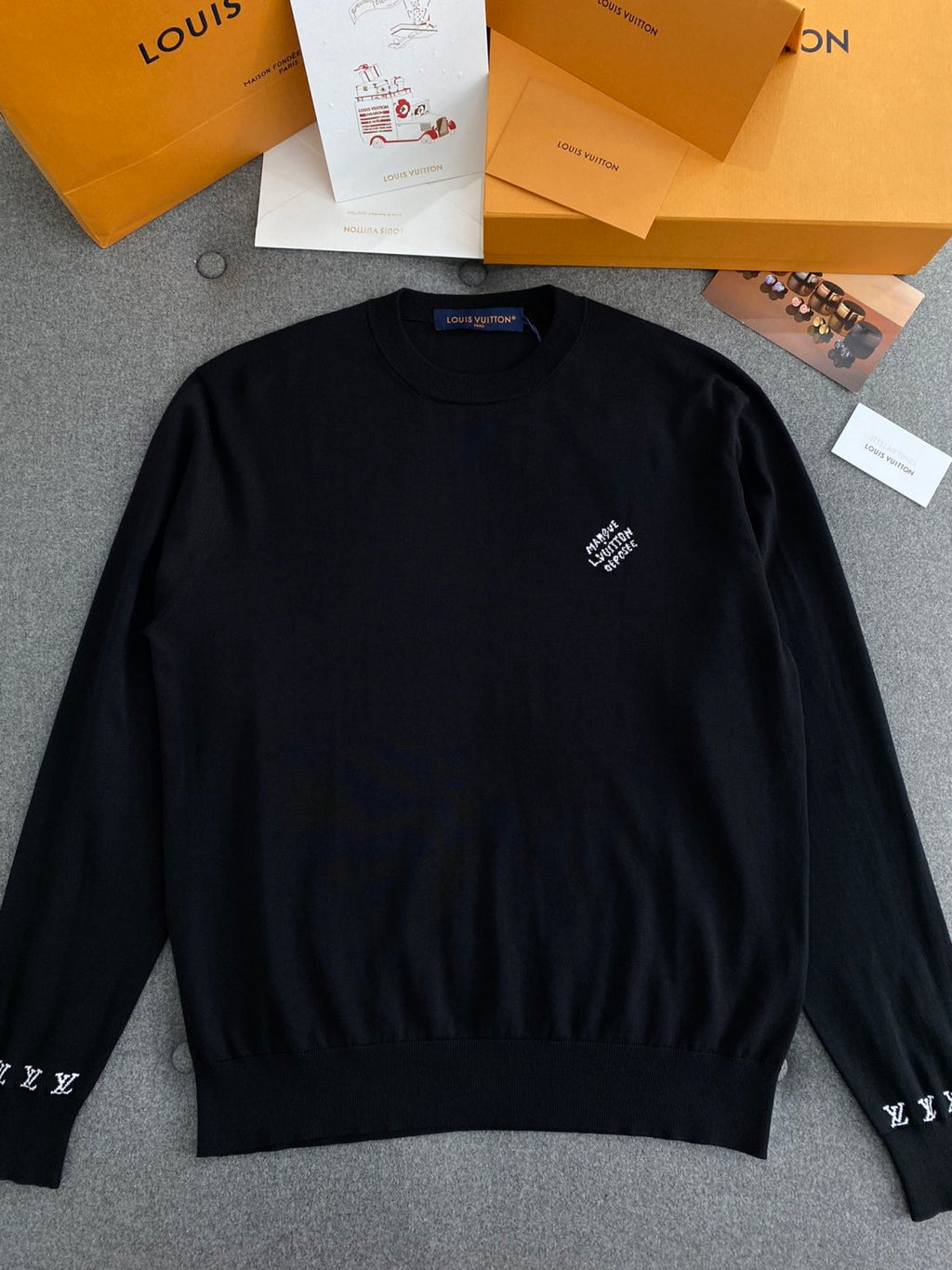 Louis Vuitton Men's Spring And Fall Logo Printed Crew Neck Black Cotton Long Sleeve Fitted Sweater #71473