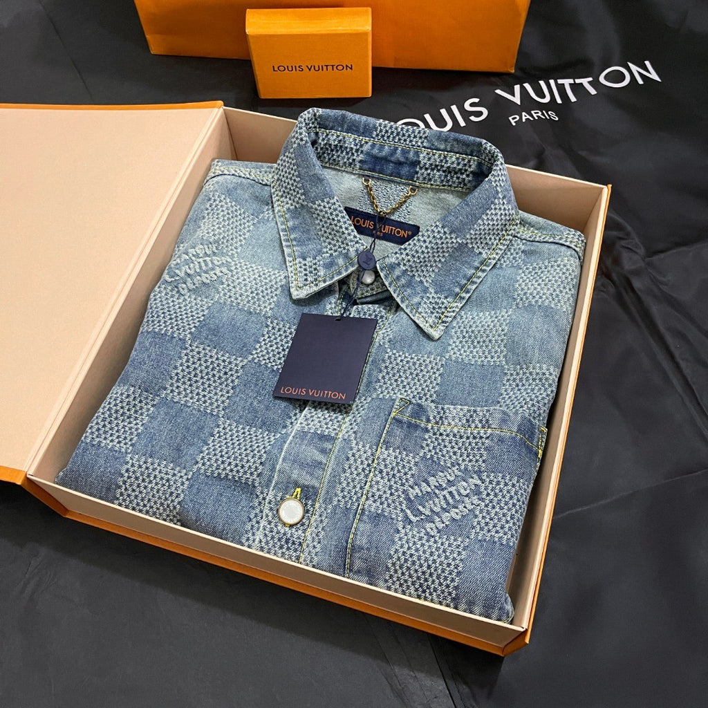 Louis Vuitton Men's Summer Blue Logo Printed Lapel Single Breasted Denim Short Sleeve Shirt Straight Jeans Shorts Set Suit #76984