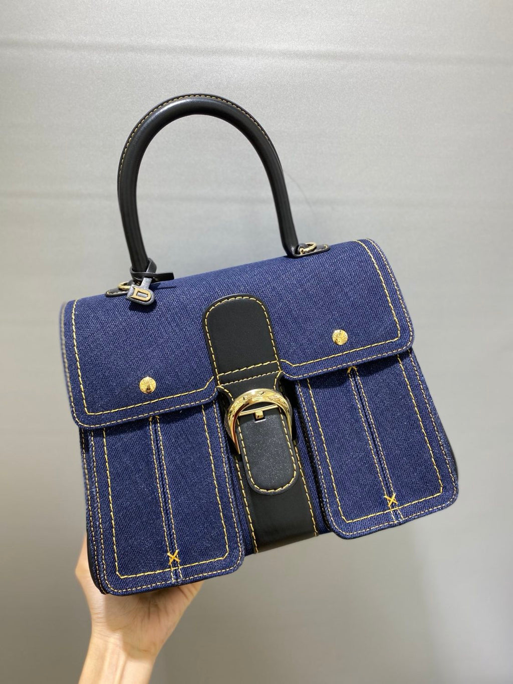Delvaux Brillant Trench Women's Outer Stitching Solid Color Denim Patchwork Leather Tote Shoulder Bag Bags #76452