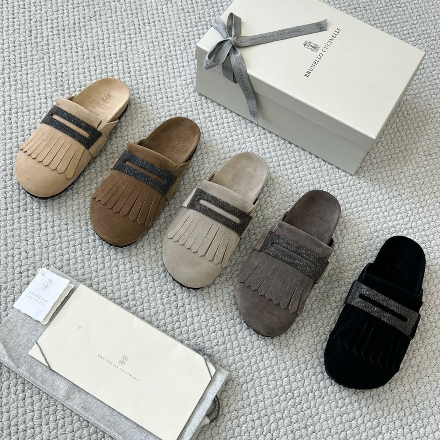 Brunello Cucinelli Monili Embellished Loafers Mule Shoes Women's Suede Slippers Solid Colour Fashion Trend Casual Comfort Slippers Sandals  Ngvp #1489