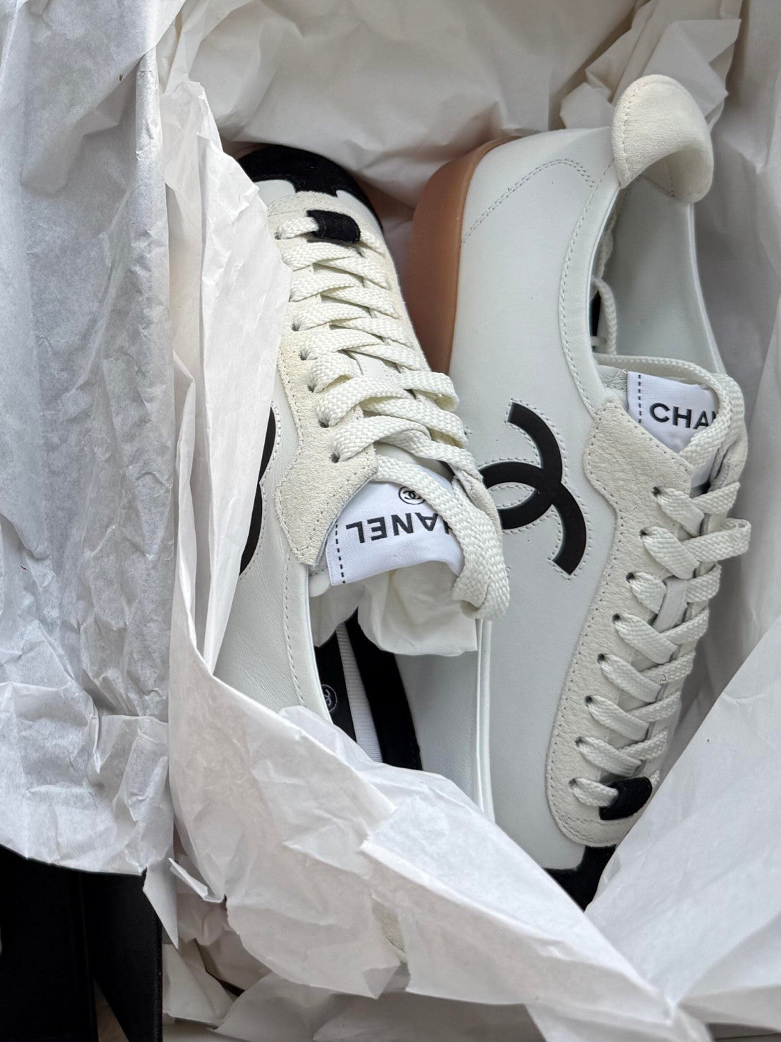 Chanel Sneakers Calfskin Embossed Suede Calfskin White Black #375474