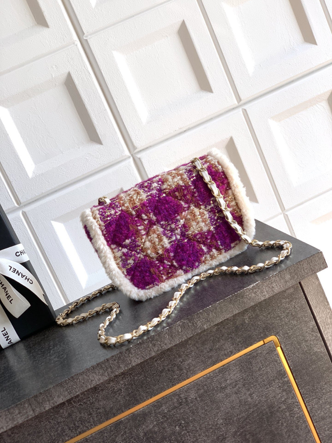 Chanel Large Flap Bag Tweed Shearling Lambskin #333980