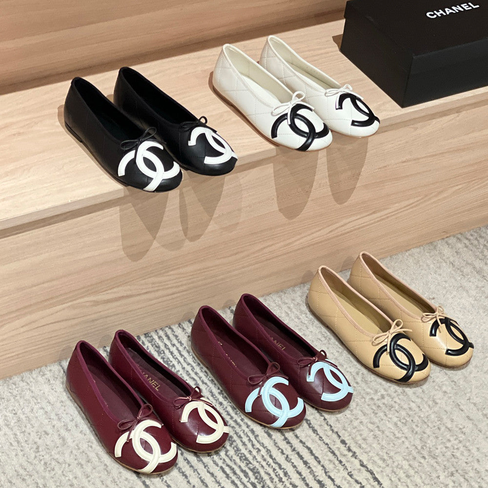 CHANEL Ballet Flats Lambskin Burgundy Light Blue #386254