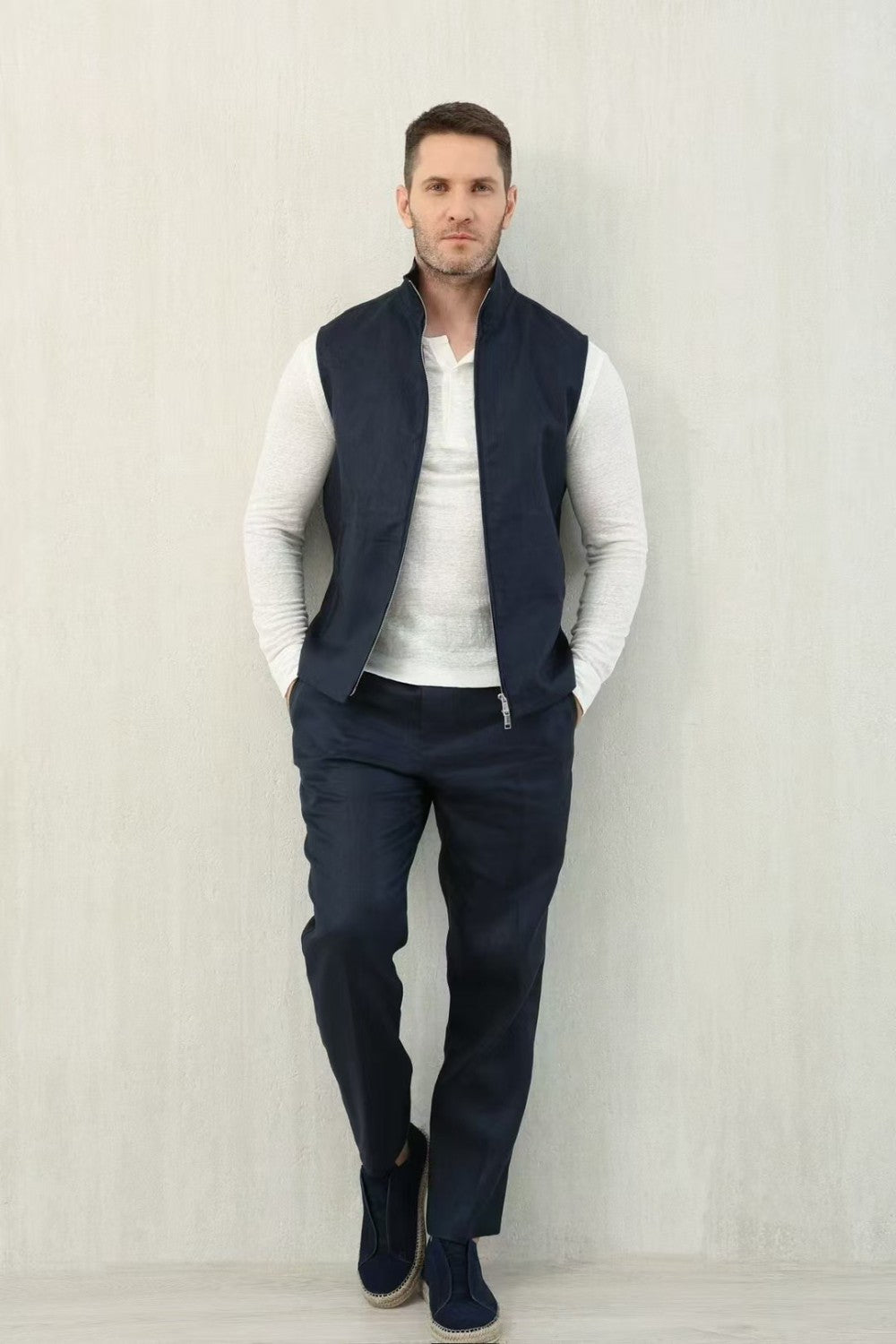 Ermenegildo Zegna Men's Spring And Autumn Solid Color Standing Collar Zipper Fit Sleeveless Vest Jacket Ngvp #1168