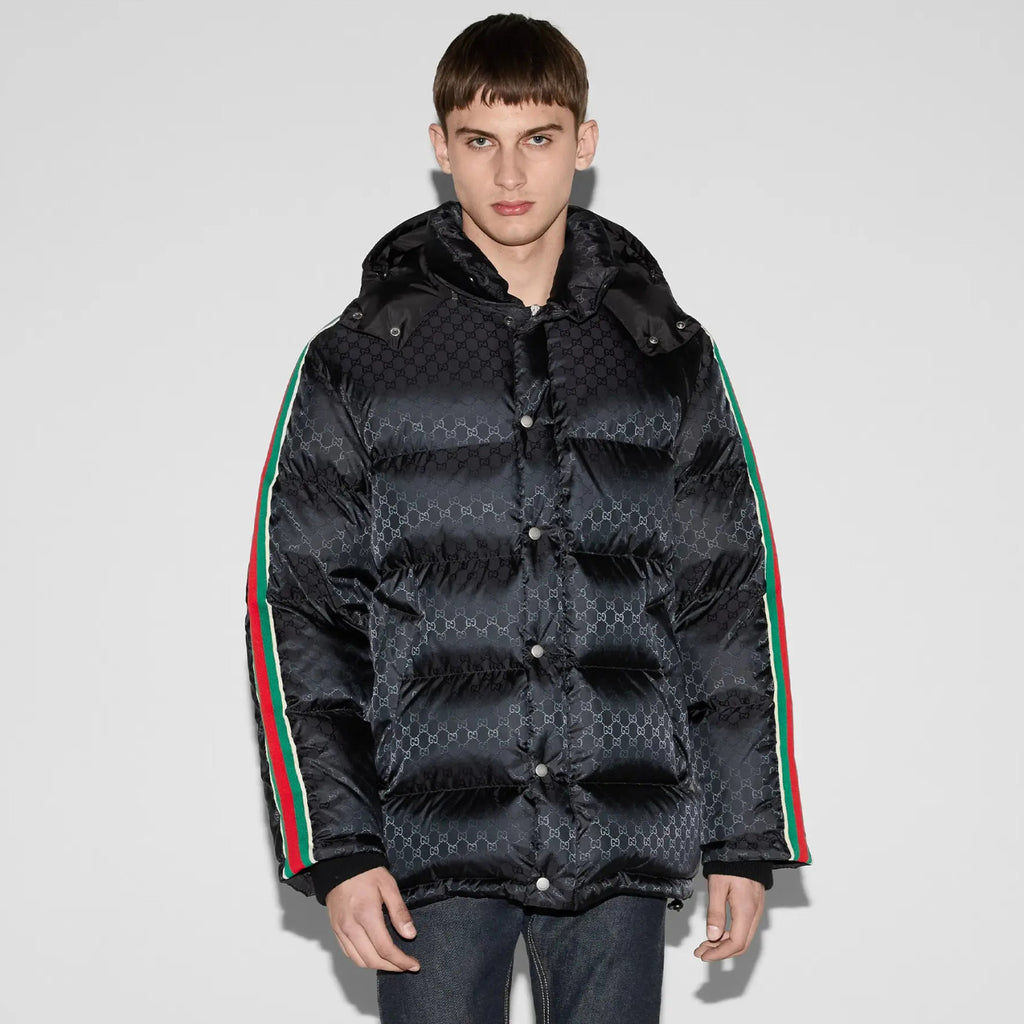 Gucci Men's Fall/Winter Black Trimmed Webbing GG Nylon Jacquard Hooded Zipper Long Sleeve Puffer Down Jacket #73728
