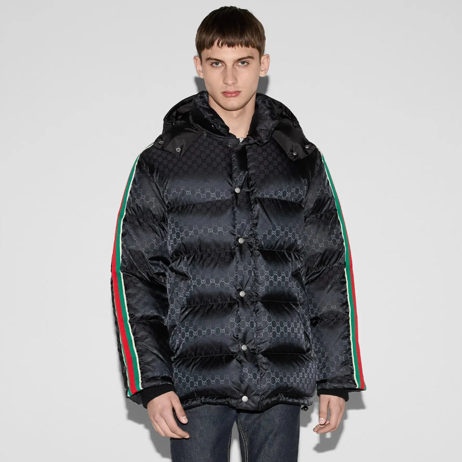 Gucci Men's Fall/Winter Black Trimmed Webbing GG Nylon Jacquard Hooded Zipper Long Sleeve Puffer Down Jacket #73728