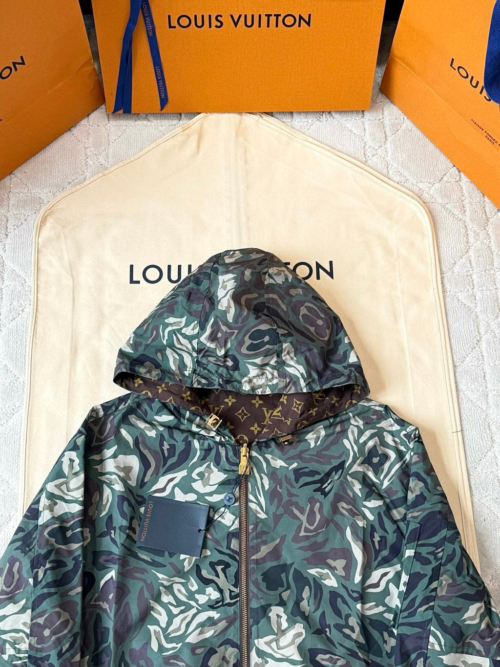 Louis Vuitton MONOGRAM Men's Spring/Fall Fashion Casual Hooded Zipper Camouflage Vintage Print Reversible Hooded Jacket Trench Coat Jacket #79491