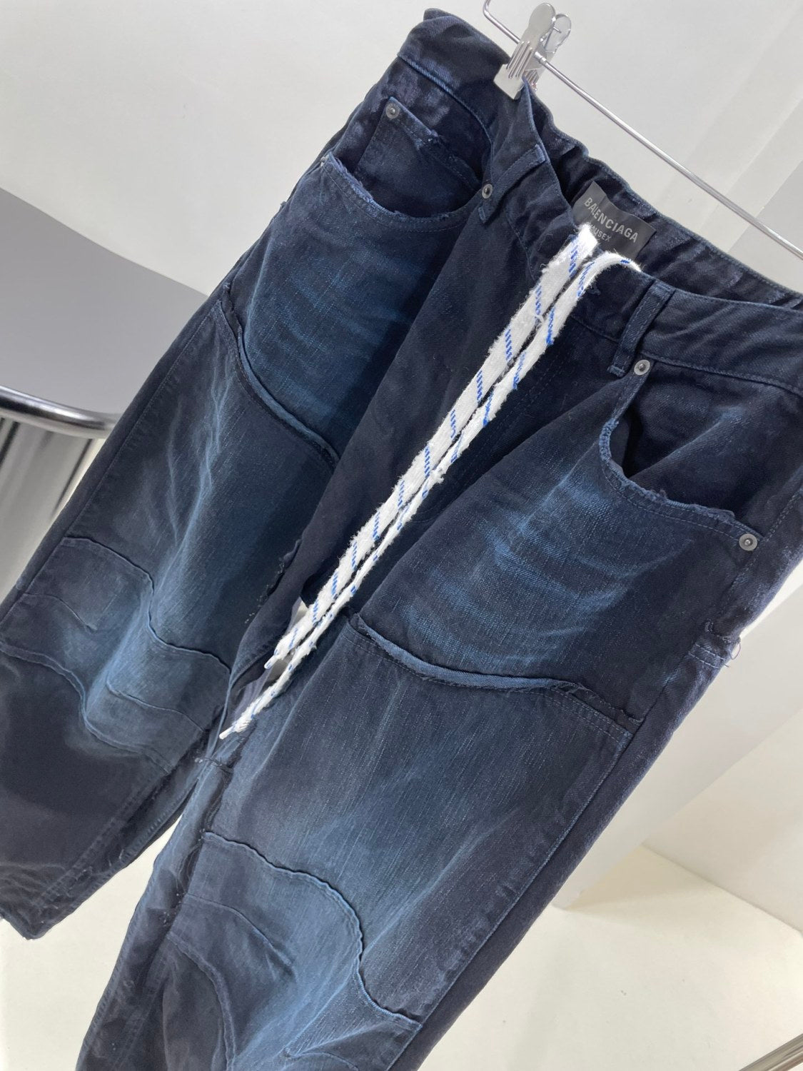 Balenciaga Men's And Women's Spring And Fall Splicing Fence Mid Waist Placket Zipper Straight Tie Jeans Pants #75357
