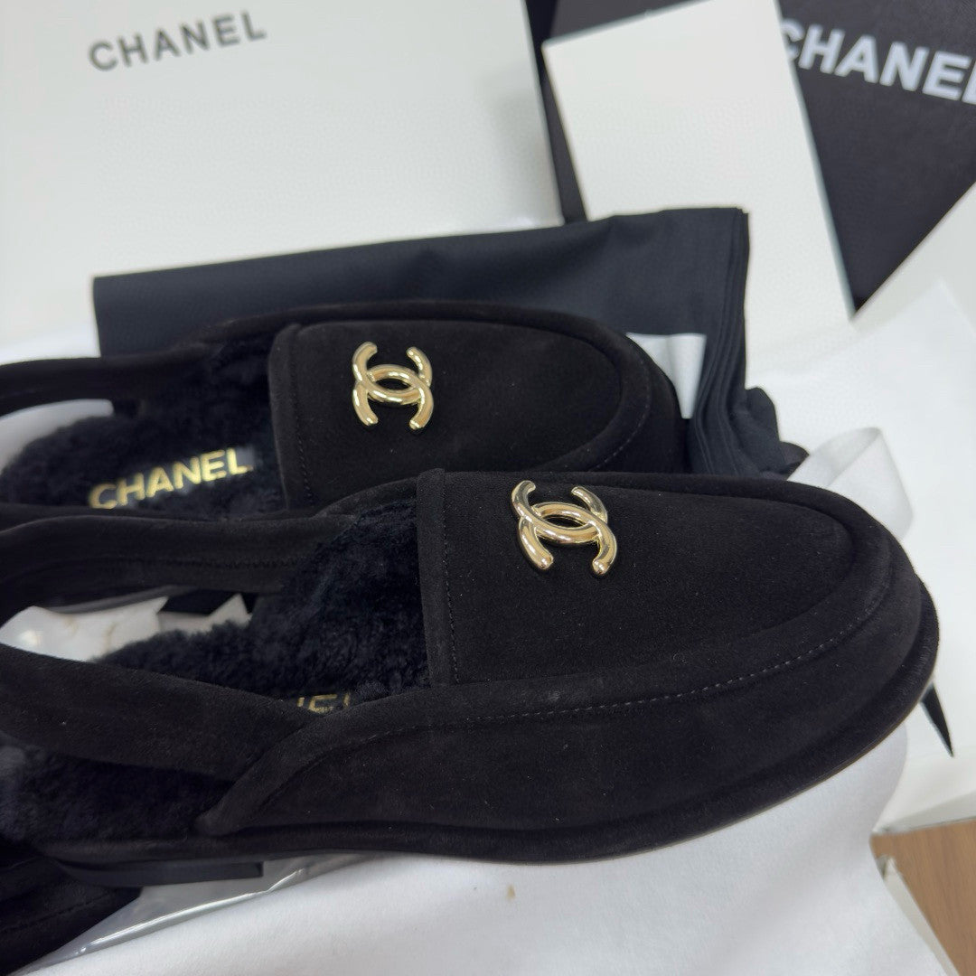 Chanel Women's Fall/Winter Casual Round Toe Slip On Teddy Fur Logo Flat Mules Shoes #79254