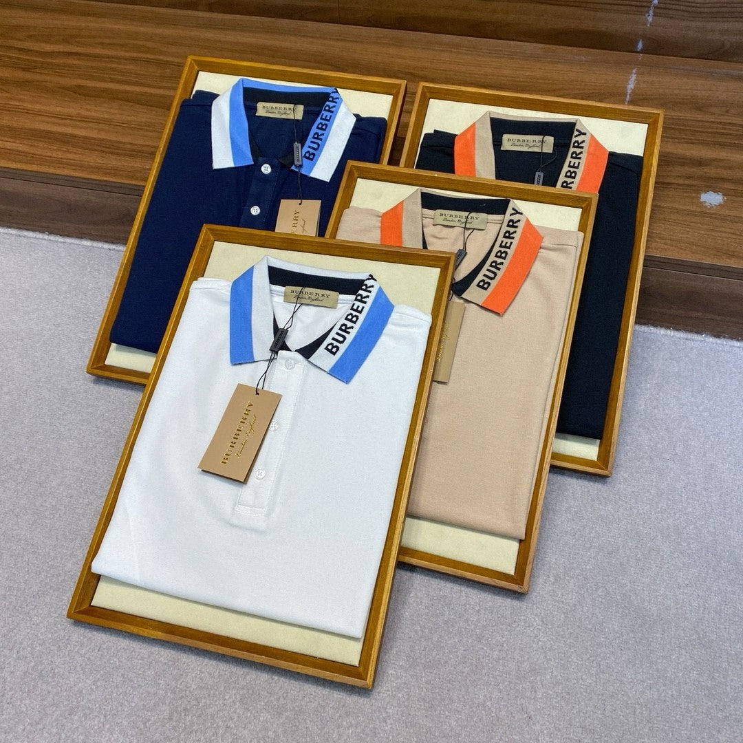 Burberry Men's Summer Solid Logo Colorblocking Lapel Cotton Straight Short Sleeve Polo Shirt #99963