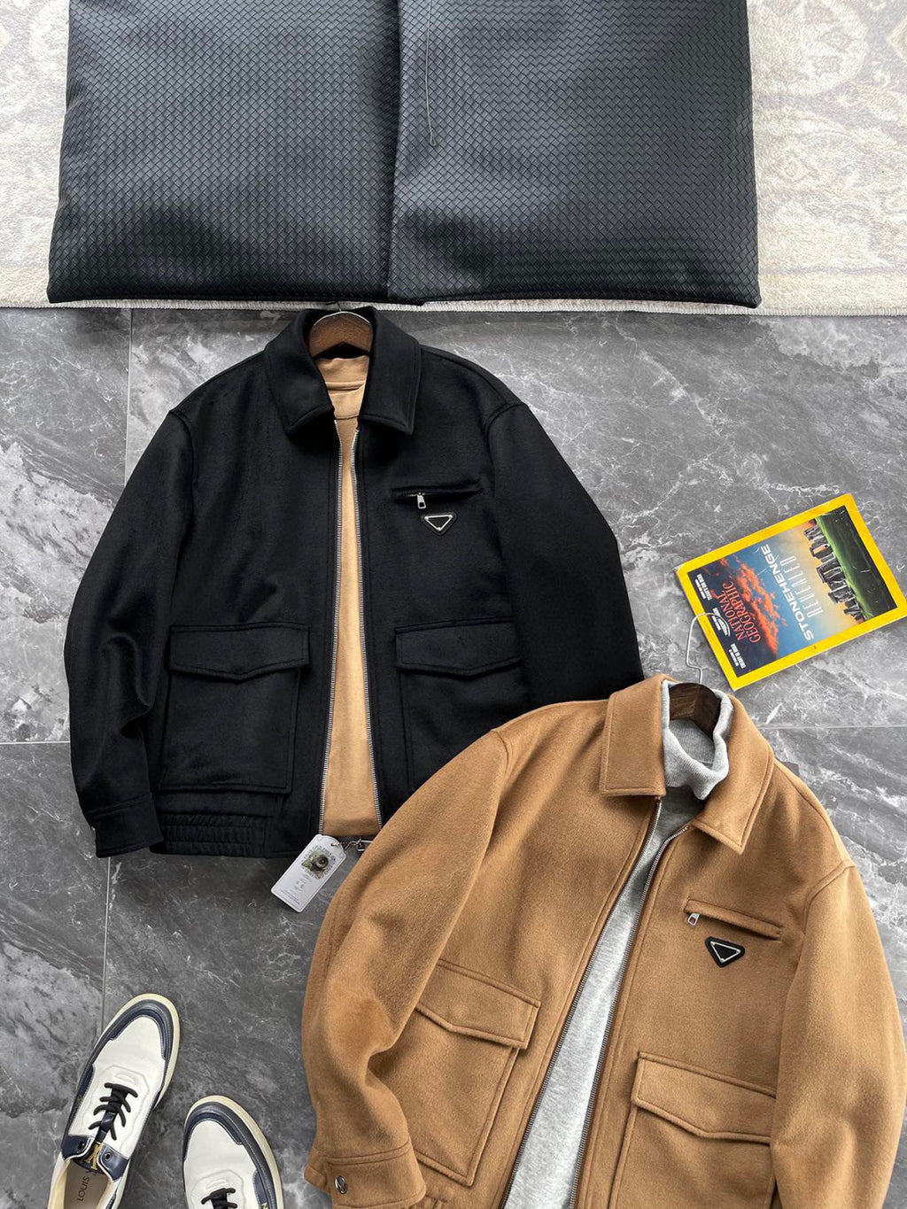 Prada Men's Autumn/Winter Inverted Triangle Logo Sheep Wool Lapel Zip Up Long Sleeve Jacket #97881