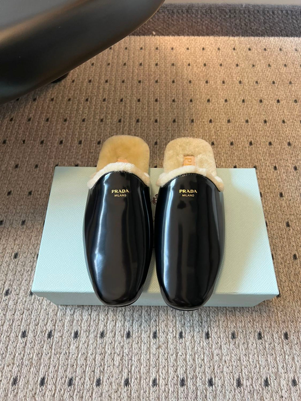 Prada Women's Fall/winter Fashion Casual Round Toe Slip On Leather Suede Fleece Lined Mule Shoes Half Slip On Slippers Shoes #79259