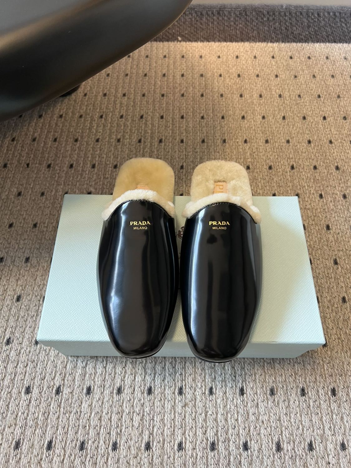 Prada Women's Fall/winter Fashion Casual Round Toe Slip On Leather Suede Fleece Lined Mule Shoes Half Slip On Slippers Shoes #79259