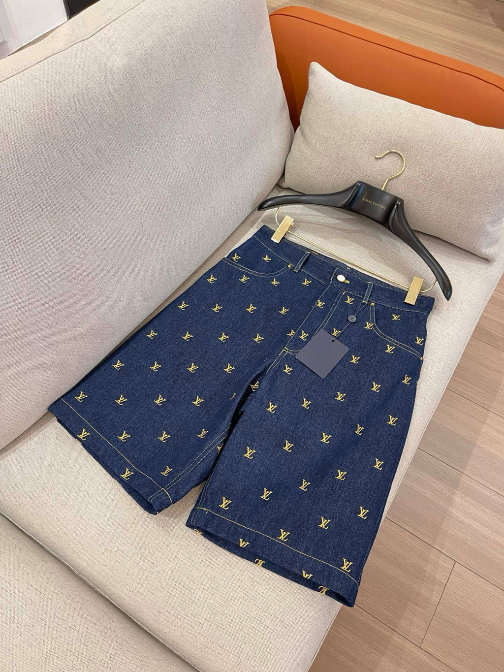 Louis Vuitton Men's Summer Logo Embroidery Blue Single Breasted Lapel Denim Short Sleeve Shirt Shorts Set Suit #98741