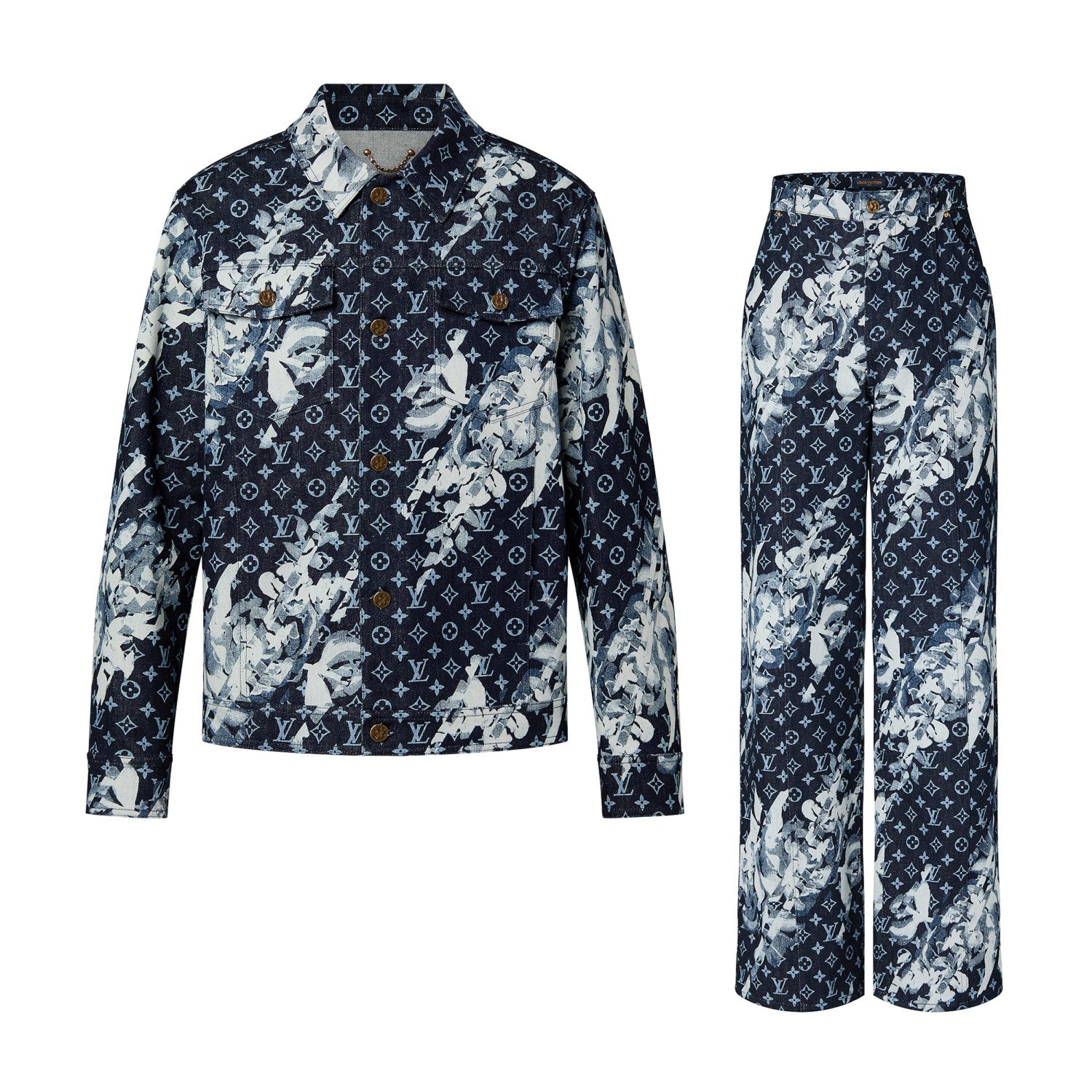 Louis Vuitton Men's Spring Autumn Letter Monogram Printed Denim Jacket Pants Set Suit #97341