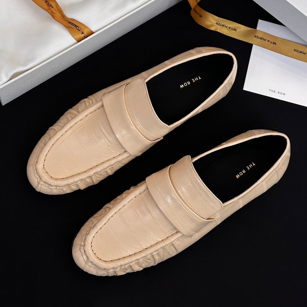 THE ROW Women's Fashion Classic Round Toe Slip On Loafers With Pleated Leather Embossing Pleated Texture Slip On Loafers Shoes #79179