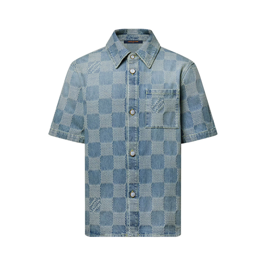 Louis Vuitton Men's Summer Blue Logo Printed Lapel Single Breasted Denim Short Sleeve Shirt Straight Jeans Shorts Set Suit #76984