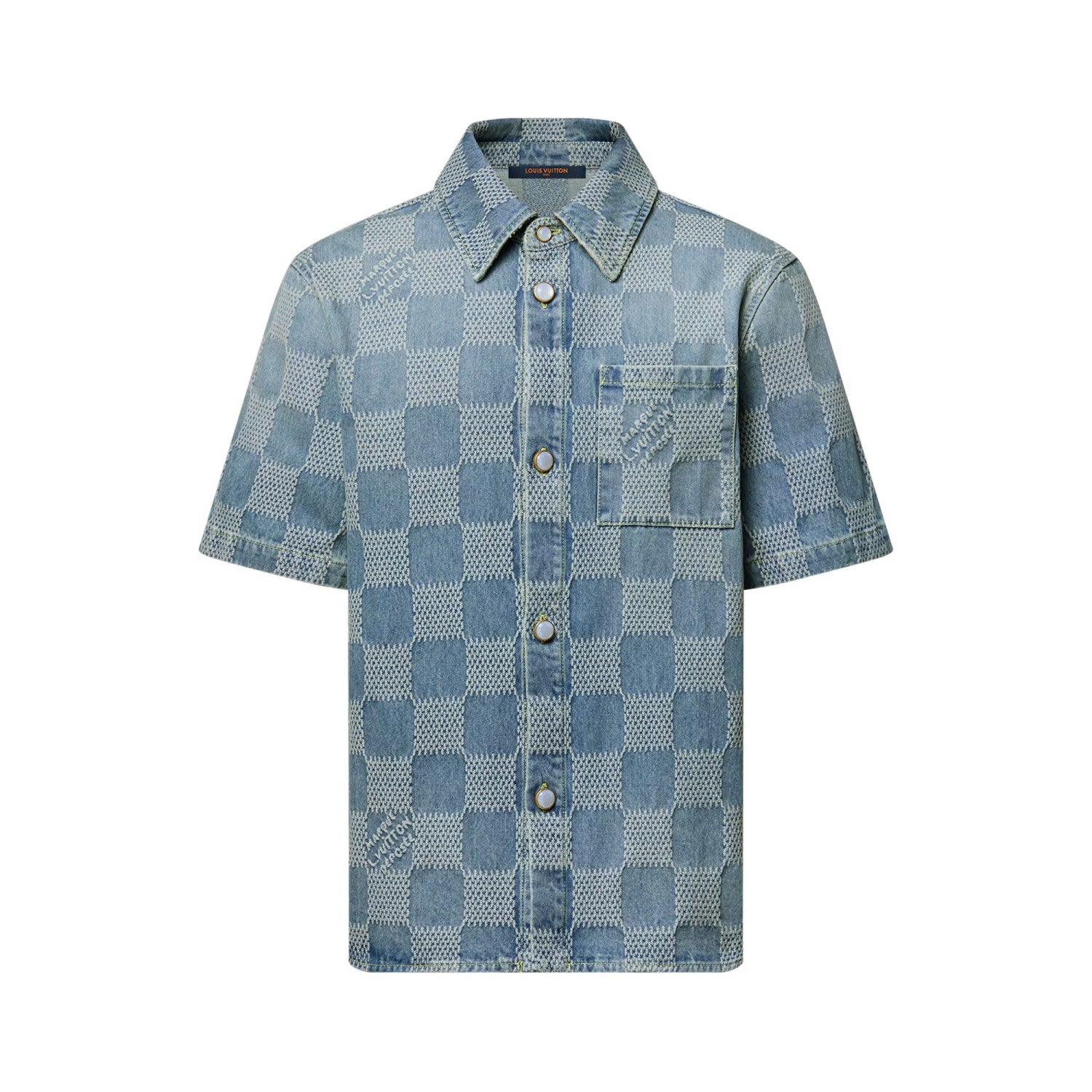 Louis Vuitton Men's Summer Blue Logo Printed Lapel Single Breasted Denim Short Sleeve Shirt Straight Jeans Shorts Set Suit #76984