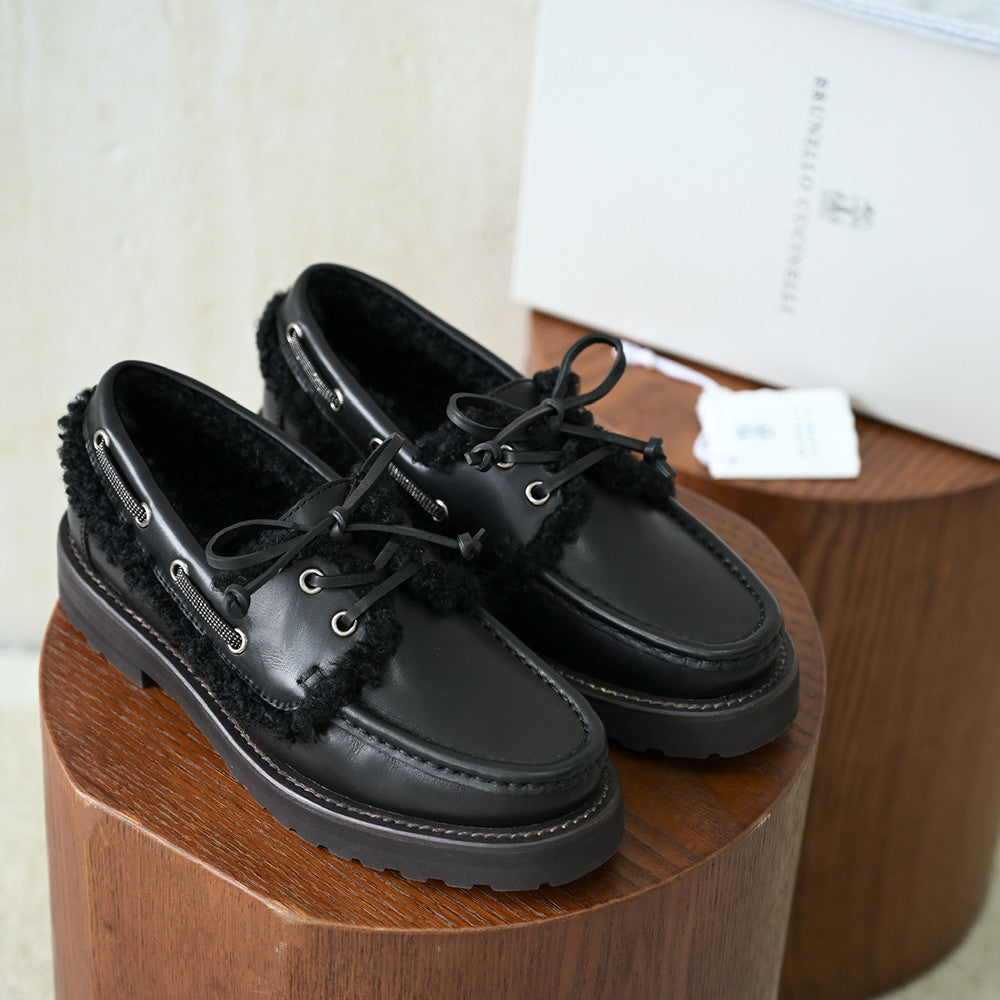 Brunello Cucinelli Bead Embellished Shearling Trimmed Suede Loafers #333658