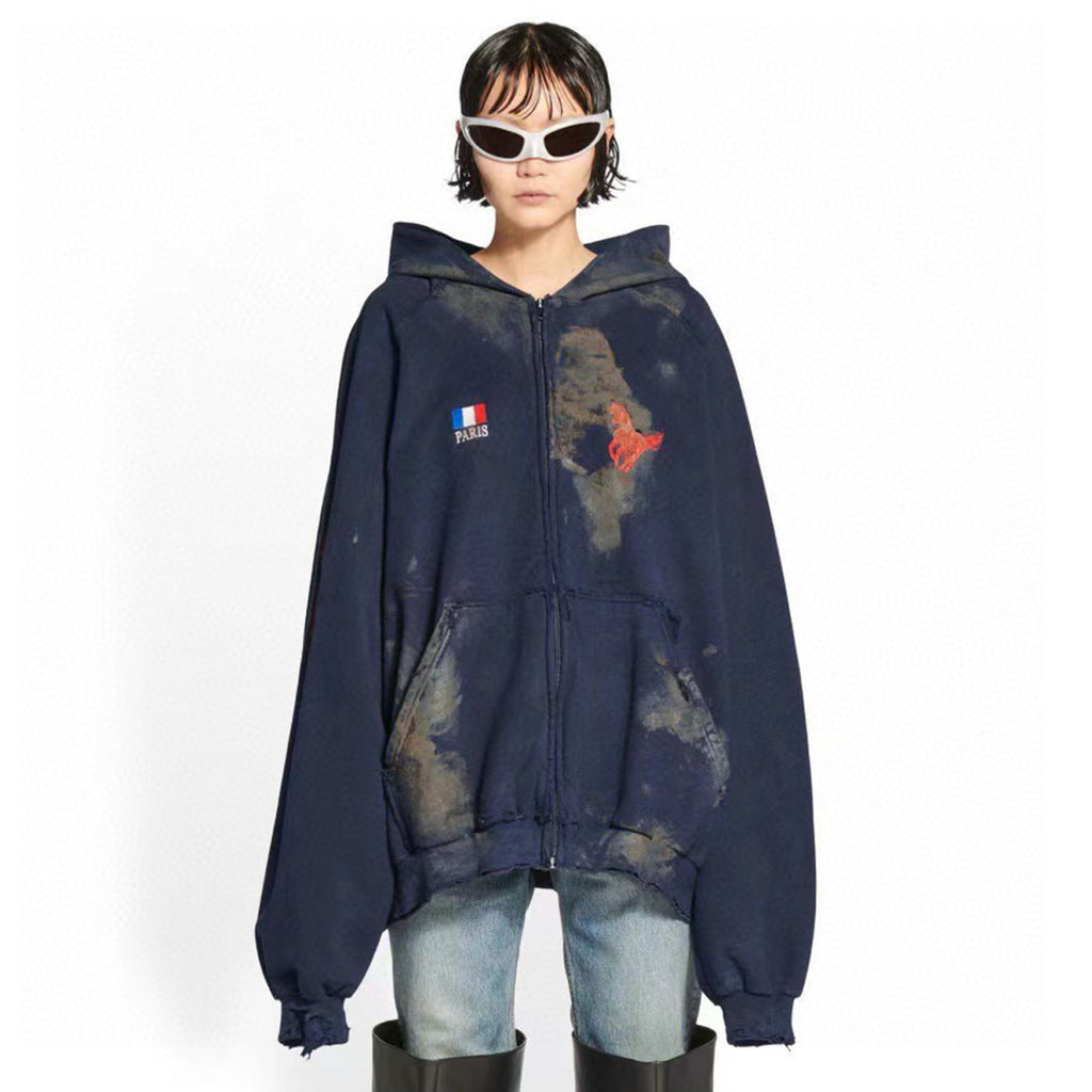 Balenciaga Men's Women's Spring and Autumn Fashion Retro Old Embroidery Casual Hooded Sweatshirt Ngvp #2421