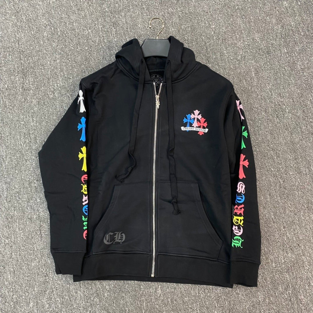 Chrome Hearts Men's Spring and Fall Black Logo Printed Zipper Long Sleeve Hooded Jacket #72485