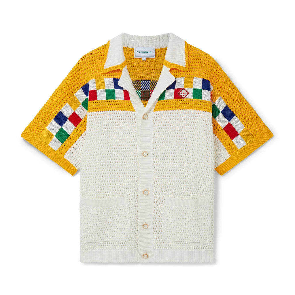 Casablanca Men's Summer Color Block Crochet V-Neck Knit Single Breasted Short Sleeve Shirt Shorts Set Suit #72869