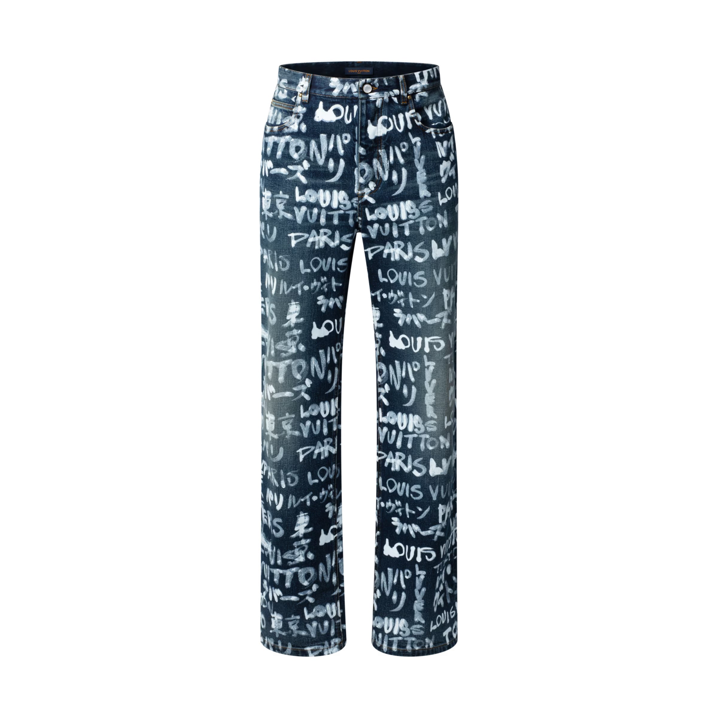 Louis Vuitton Men's Spring/Fall Fashion Casual Full Letter Graffiti Jeans Pants #79433