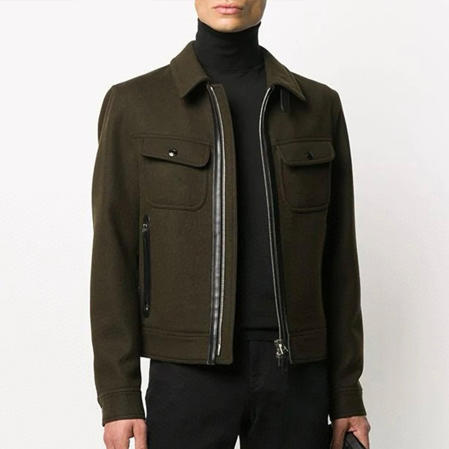 Tom Ford Men's Autumn And Winter Solid Color Zipper Lapel Long Sleeve Jacket Casual Slim Wool Coat Ngvp #7744
