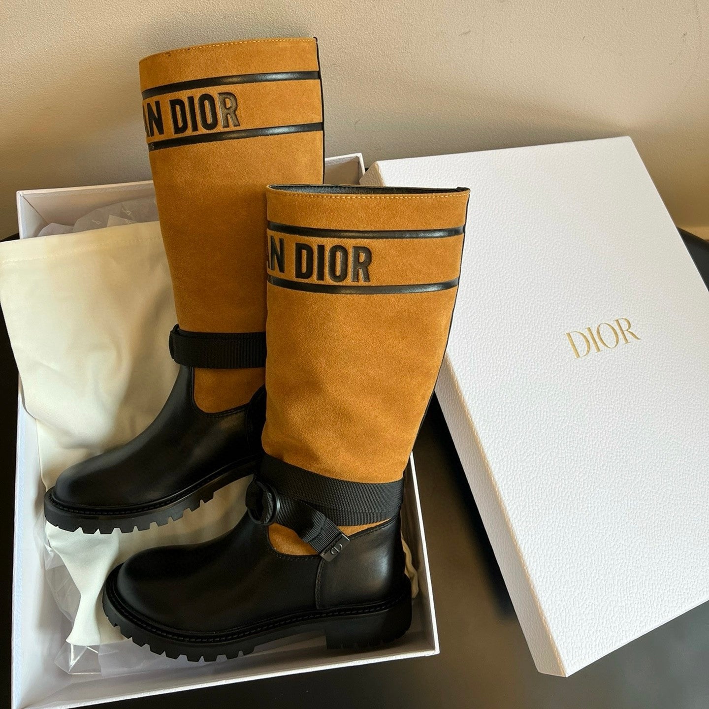 Dior Women's Spring/Fall/Winter Leather And Suede Blend Vintage Chunky-Heeled High-Top Boots Casual Long Riding Boots Shoes #81721