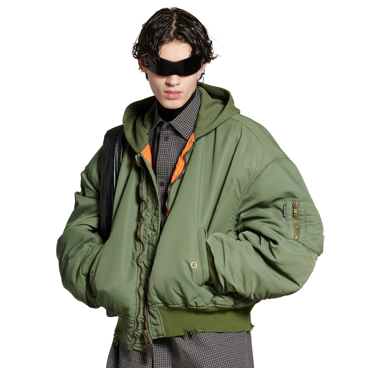 Balenciaga Men's Women's Solid Color Hooded Aviator Jacket Logo Zipper Long Sleeve Jacket #74564