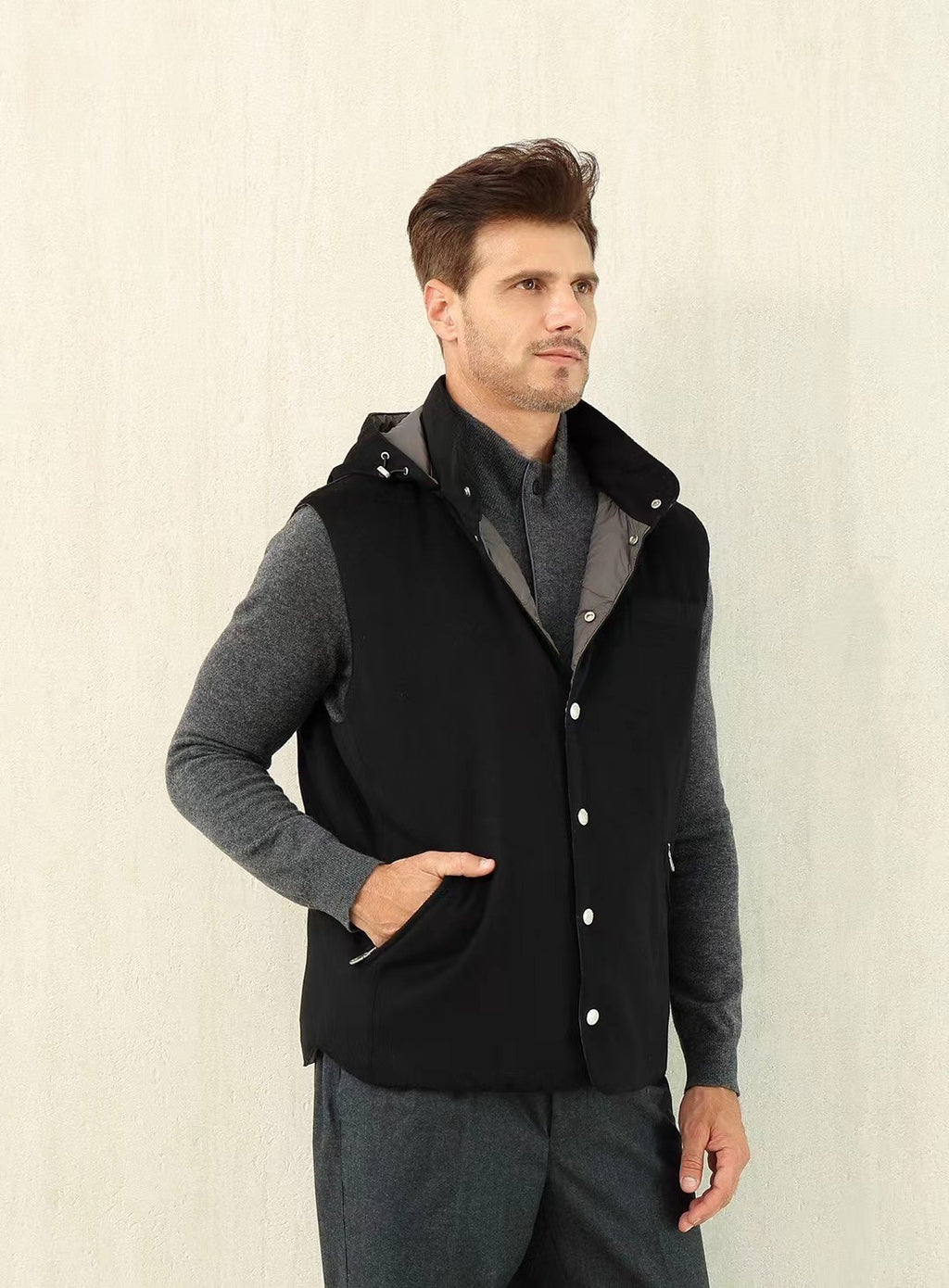 Brunello Cucinelli Men's Spring/Autumn Detachable Hooded Solid Color Single-Breasted Bonded Wool Flannel Down Vest Ngvp #2293