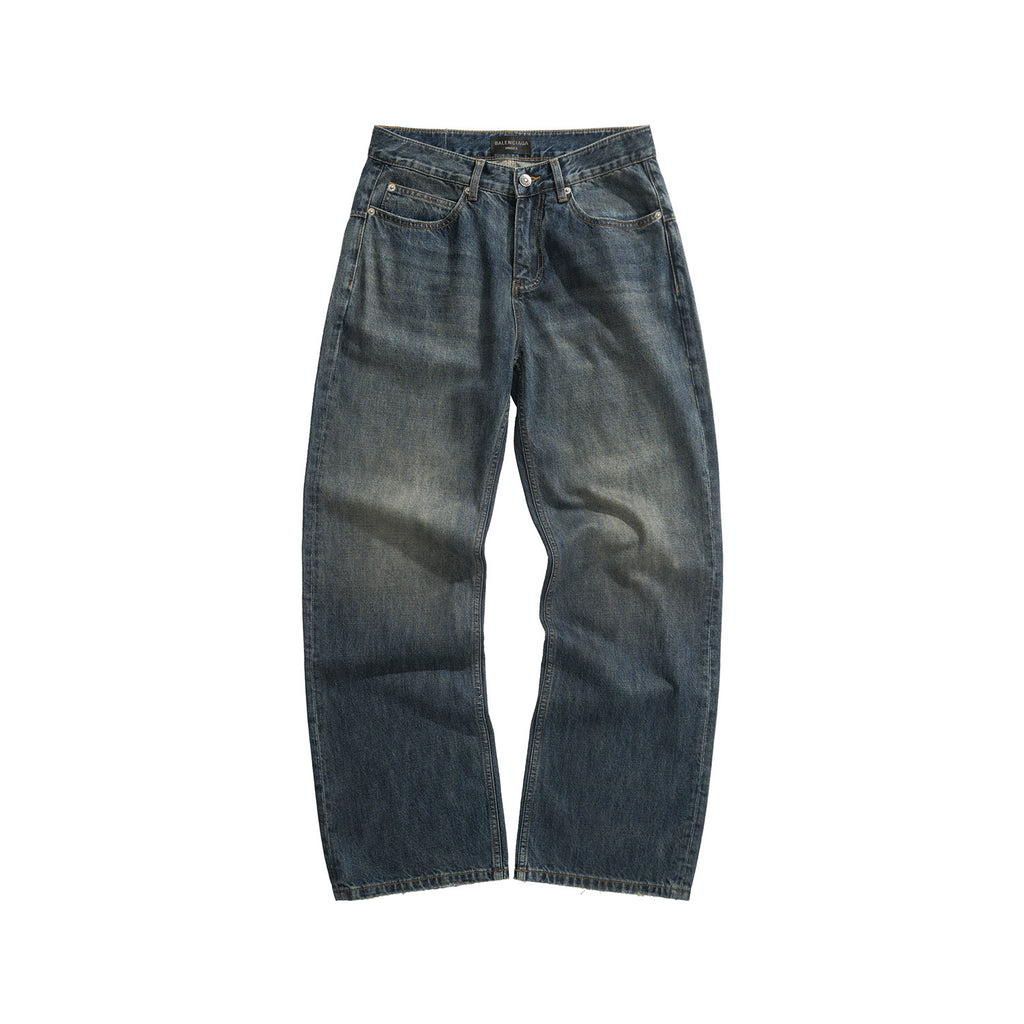 Balenciaga Men's Spring And Summer Blue Cotton Fitted Low Waist Denim Pants Fashion High Street Trend Straight Wide Leg Casual Trousers Ngvp #1719