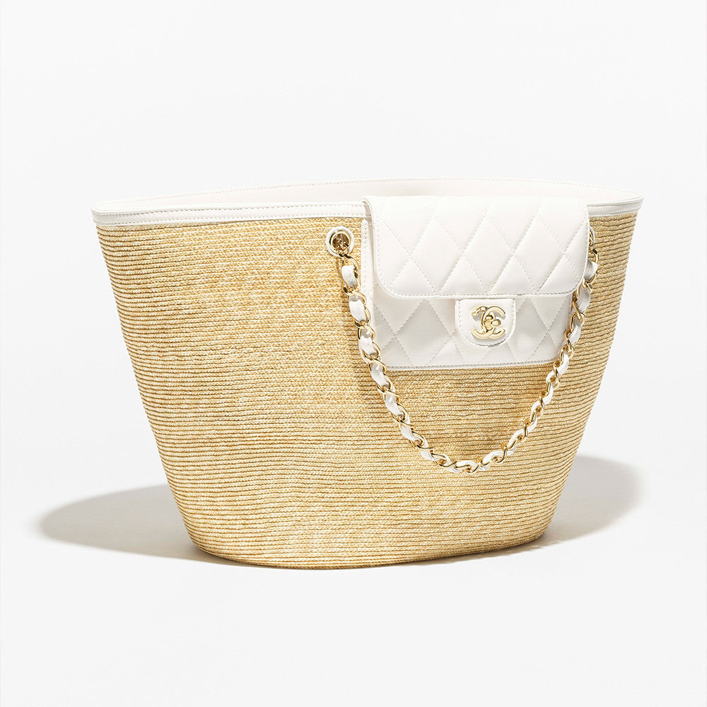 Chanel Large Shopping Bag Braided Straw Lambskin Gold-tone Metal #381455