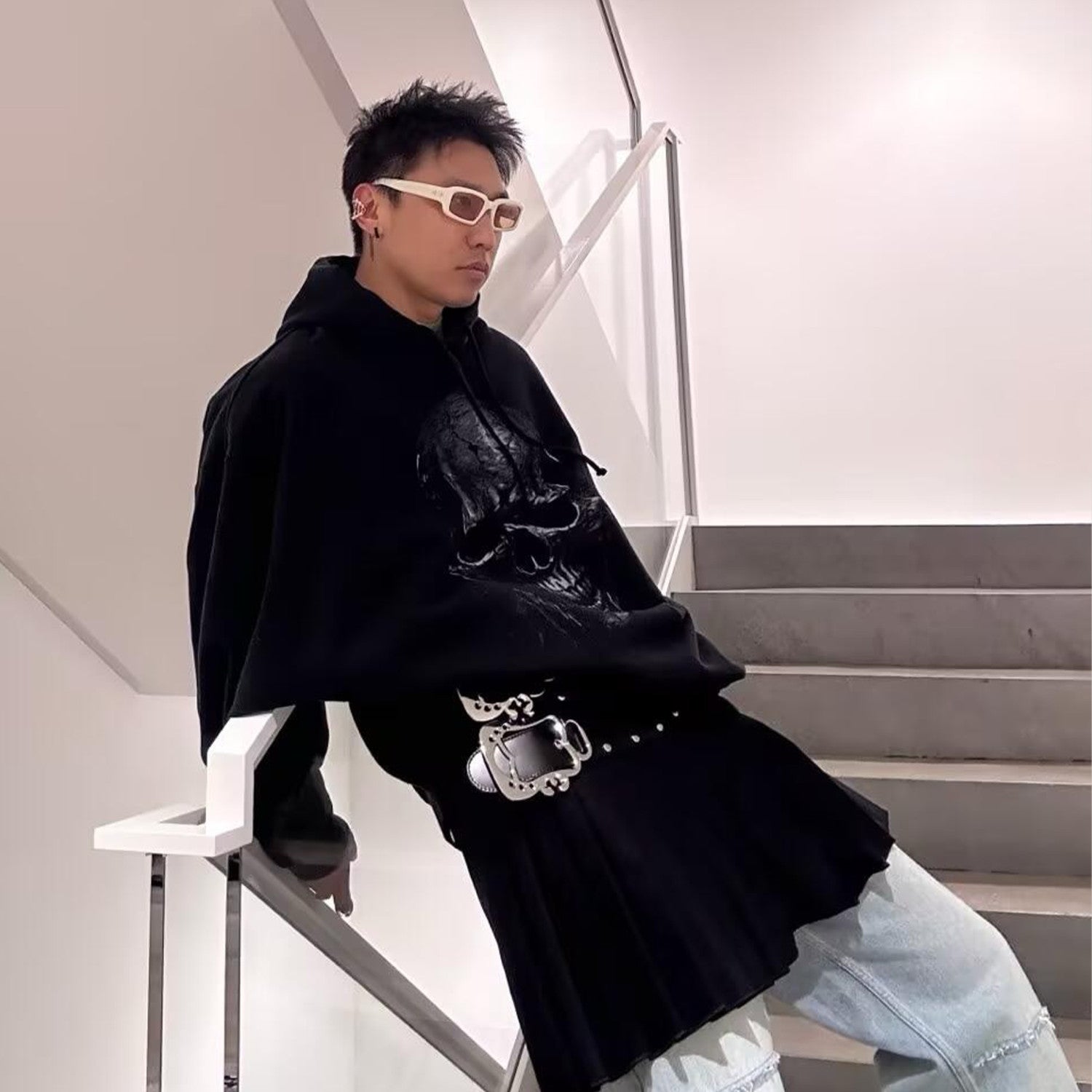 Vetements Men's High Street Skull Print Punk Hip Hop Black Sweatshirt Spring Autumn Fashion Casual Hooded Drawstring Sweatshirt Top Ngvp #9862