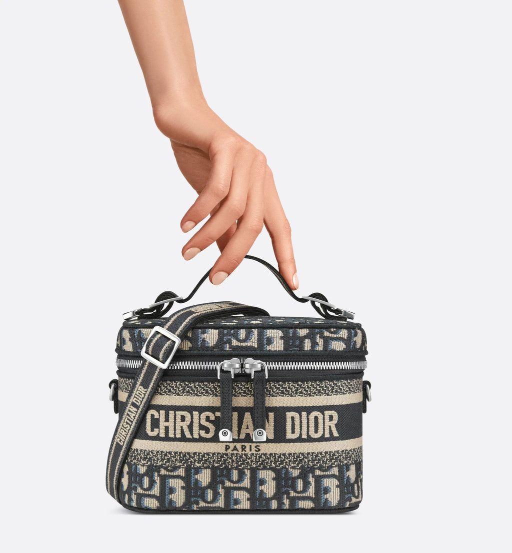 Dior Travel Vanity Makeup Bag Blue Monogram Canvas Embroidered Crossbody Bag A Vintage Elegant Clutch Bags #195915