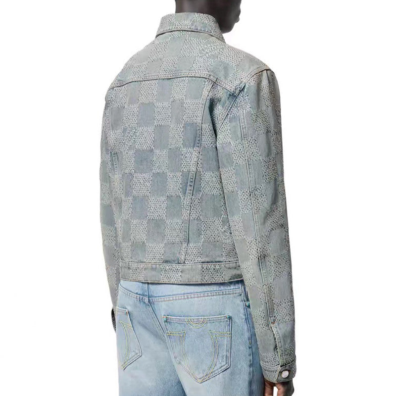 Louis Vuitton Men's Spring And Fall Jacquard Single-Breasted Lapel Long-Sleeved Faux Crystal Damier Denim Jacket Plaid Printed Straight Denim Pants Ngvp #9383