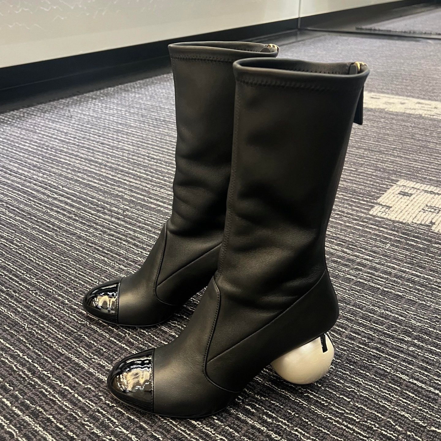 Chanel Women's Fall/Winter Fashion Classic Color Block Leather Round Toe Slip On Zipper Pearl Heel High Boots Pearl Boots Shoes #330870