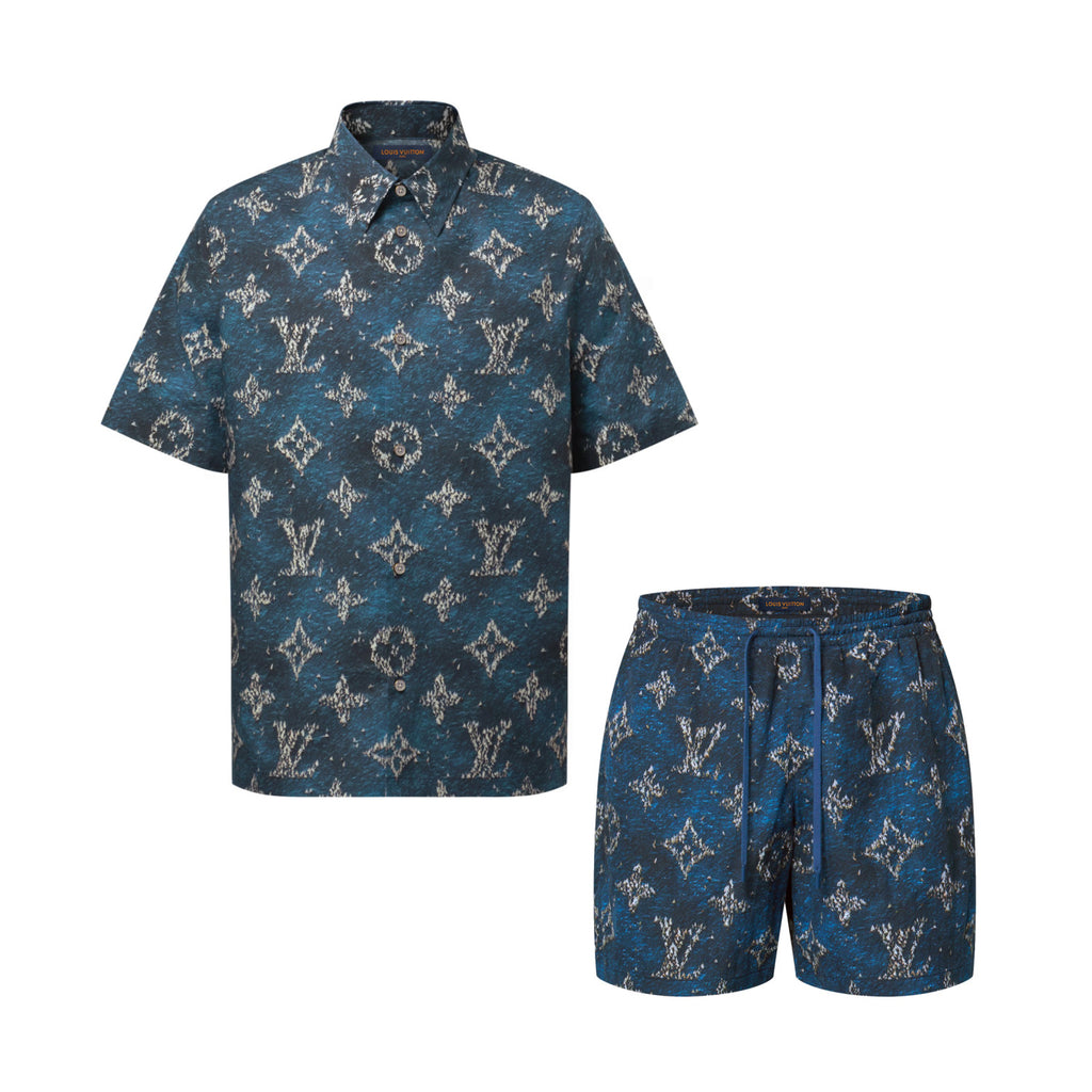 Louis Vuitton Men's Summer Logo Print Single Breasted Silk Short Sleeved Shirt And Casual Drawstring Shorts Suit Set #76997