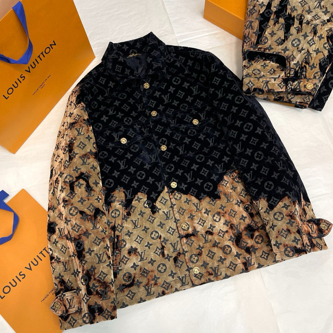 Louis Vuitton Men's Autumn and Winter Pattern Printed Lapel Single Breasted Denim Jacket Jeans Pants Set Suit #97775