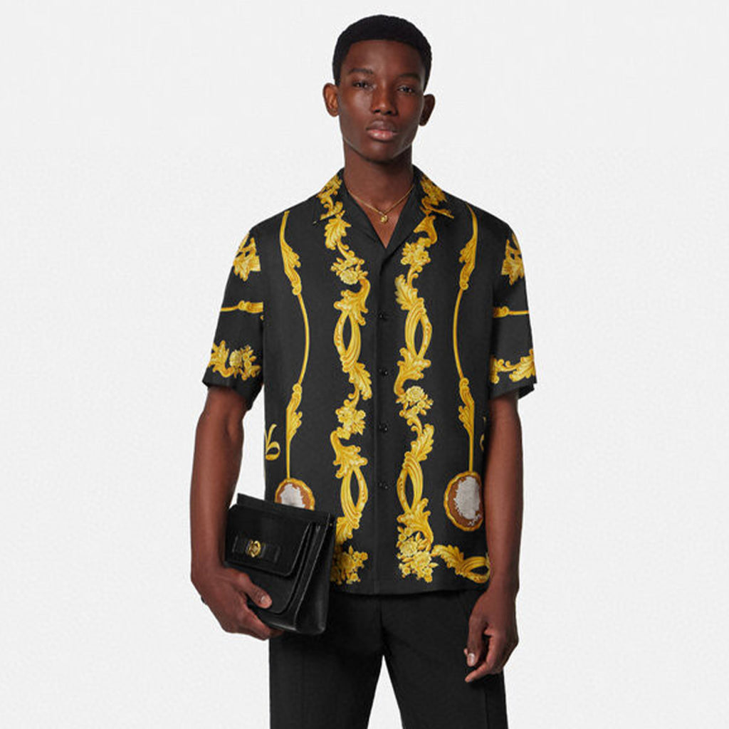 Versace Men's Medusa Cameo Printed Silk Luxury Black Gold Suit Fashion Spring Summer Trend Shirt Shorts Suit Set Ngvp #1728