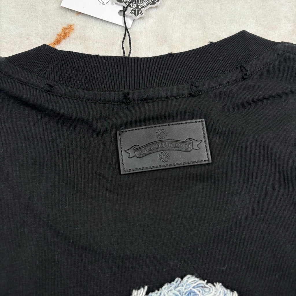 Chrome Hearts Men's And Women's Summer Solid Color Embroidered Denim Printed Cotton Crew Neck Short Sleeve T-shirt #77395