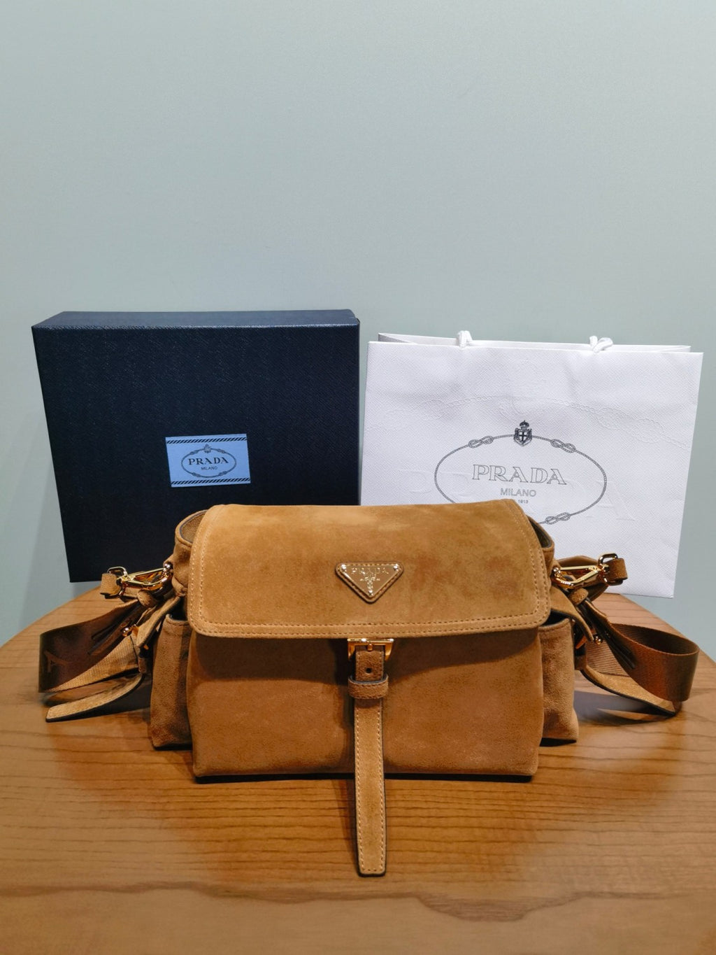 Prada Explore Men's and Women's Brand Logo Solid Color Suede Leather Messenger Bag Shoulder Bags #78127